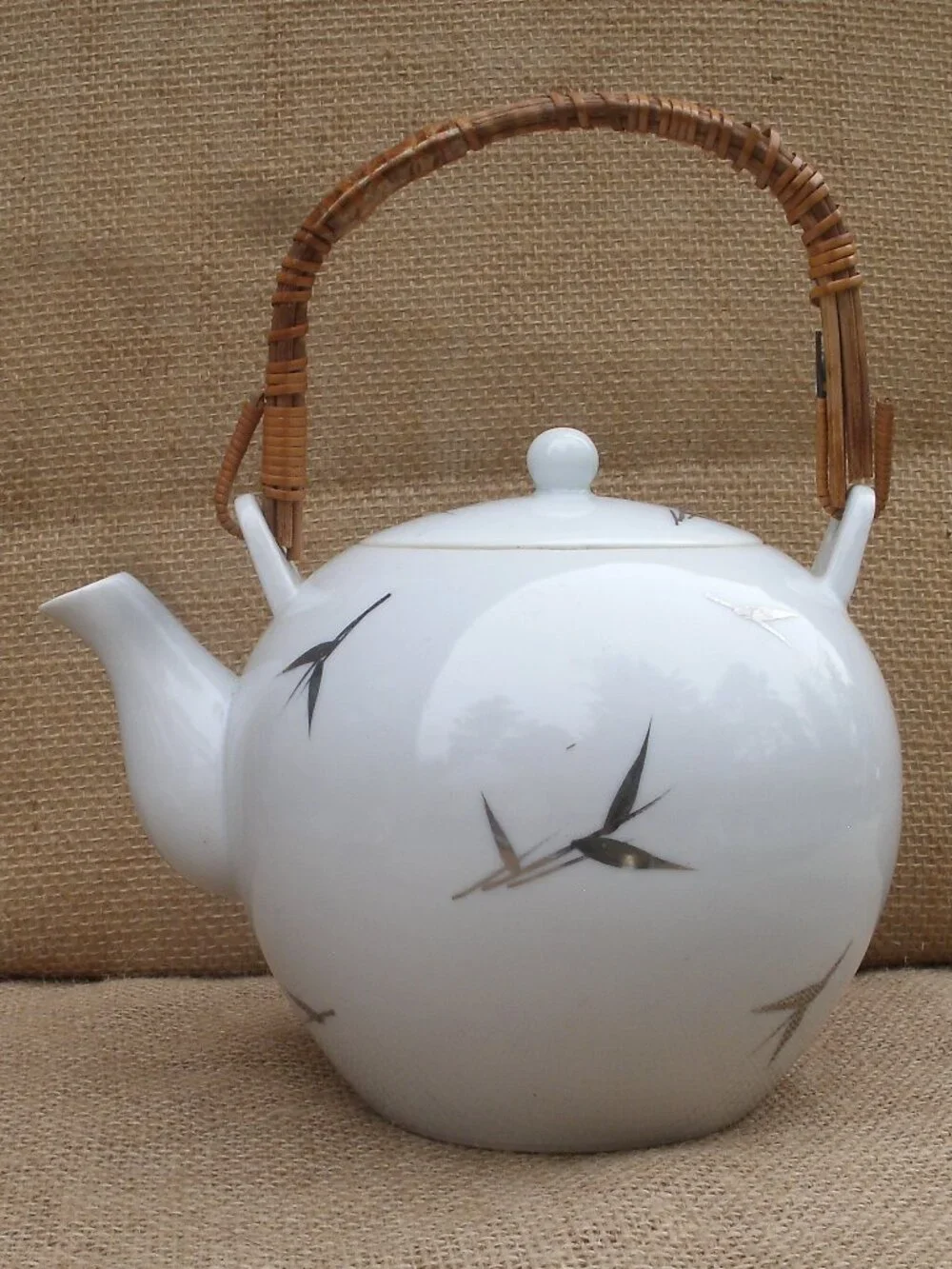 Vintage Otagiri Brushstroke Bamboo Teapot Rattan Handle